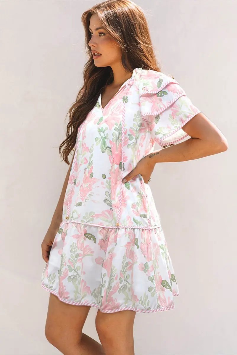 Pink Floral Contrast Edge Layered Short Sleeve Mini Dress - Love Salve